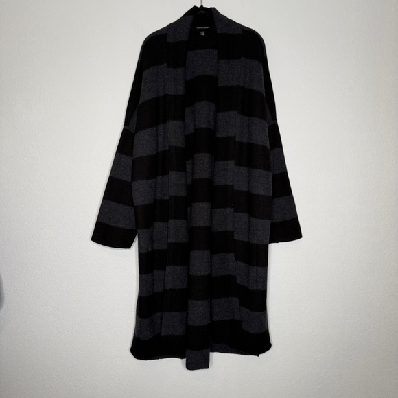 Eileen Fisher Sweaters - Eileen Fisher Merino Wool Striped Cardigan Black Gray Open Front Oversized L